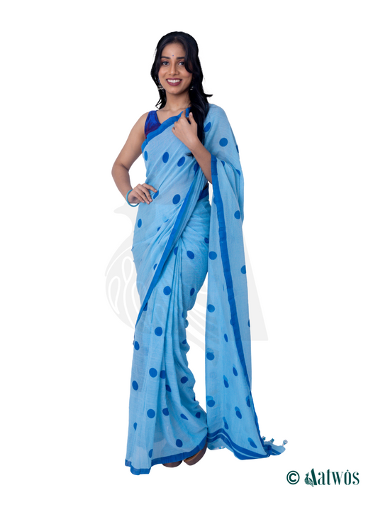 Blue Soft Cotton Polka Dot Saree